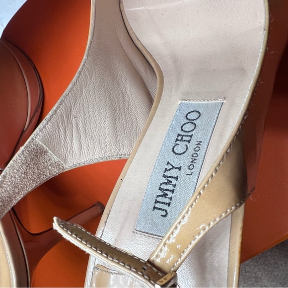 JIMMY CHOO Nude Nova Patent Leather Slingback Platforms Size 37.5 - Picture 9 of 10